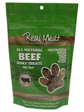 The Real Meat Company Beef Jerky Treats 4oz Beef recipe dog treats 4 oz bag front