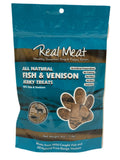 The Real Meat Company Fish & Venison Treats 4oz Real Meat Fish & Venison dog treat bag front 4oz
