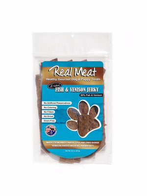 Real Meat Fish & Venison Jerky Treats 8oz bag front