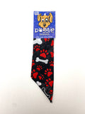 Doggie Dannas black with red paw prints and white bones print bandana